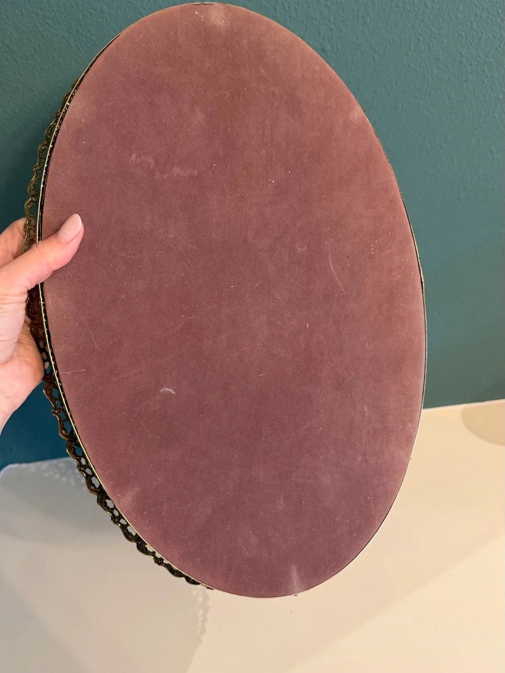 Vintage 16” Oval Mirrored Vanity Tray Ornate Gold Filigree Hollywood Regency
